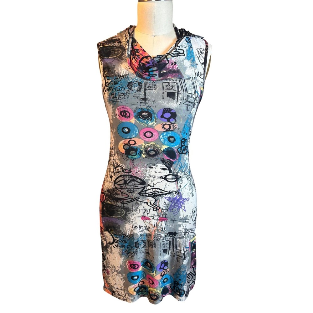Artistic Graffiti Pop Art Papillon Cowl Neck Sleeveless Dress Size M Multicolor